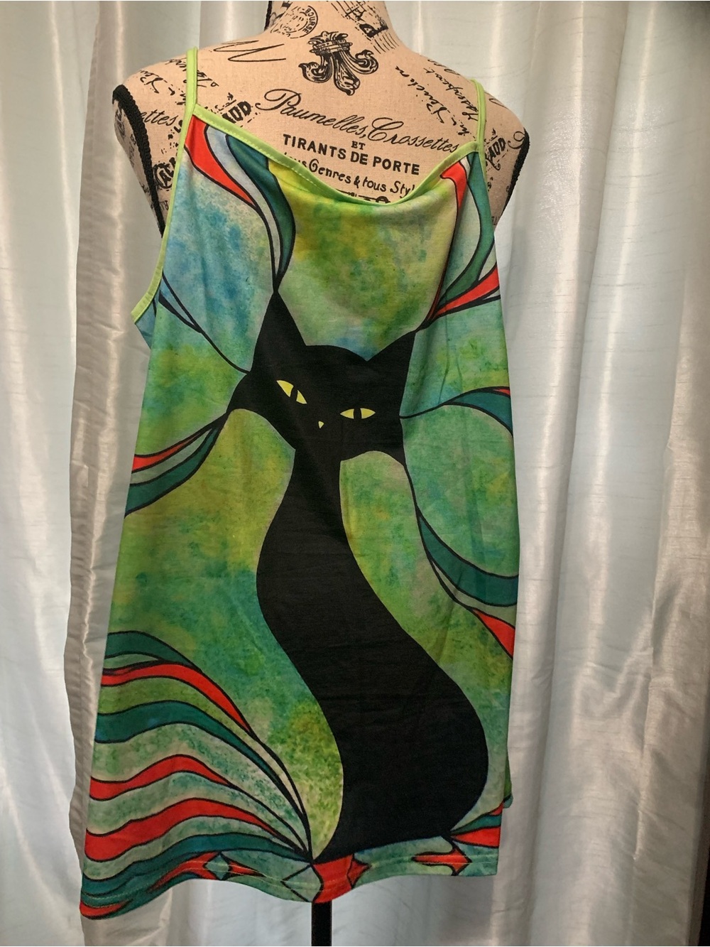 Green Cat-Print Slip Dress - Unbranded